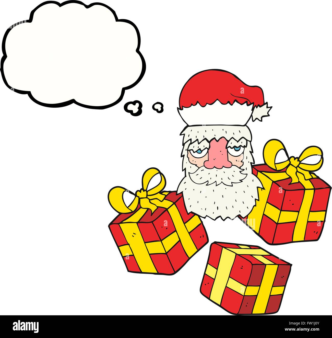 Freihändig gezeichnete Gedankenblase cartoon müde Gesicht der Weihnachtsmann mit Geschenken Stock Vektor