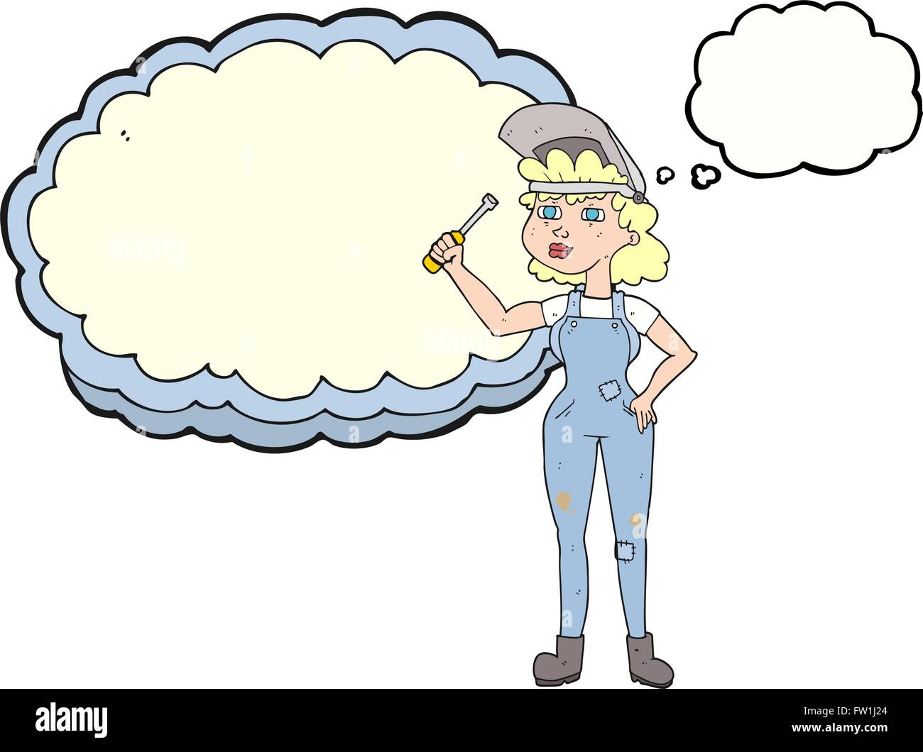 Freihändig gezeichnete Gedanken Bubble Cartoon weibliche Mechaniker Stock Vektor