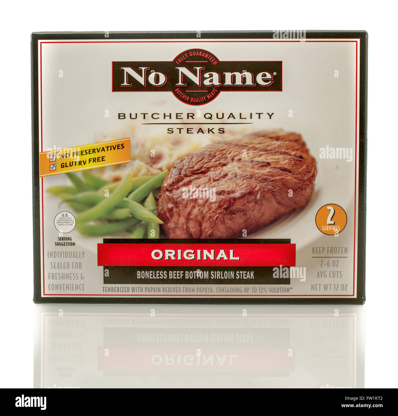 Winneconne, Wisconsin - 30. März 2016: Box No Name Metzger Qualität Steaks im ursprünglichen Geschmack Stockfoto