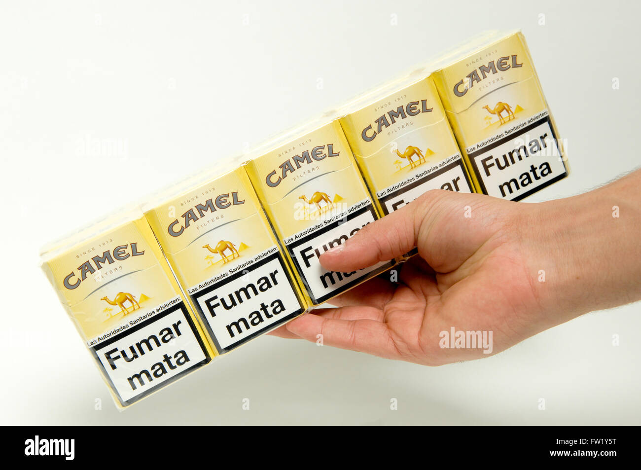 Karton von Camel Zigaretten von einer Hand gehalten wird. Stockfoto