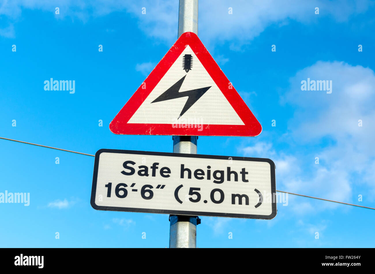 Live Wire Warnzeichen neben elektrifizierte Bahnstrecke Stockfoto