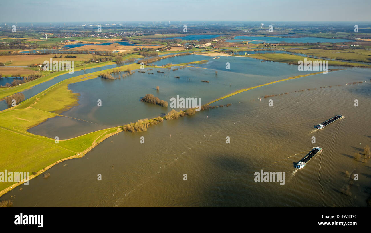 Luftbild von der Rhein-Hochwasser in Rees, Kalkar, Niederrhein, Nordrhein-Westfalen, Deutschland Stockfoto