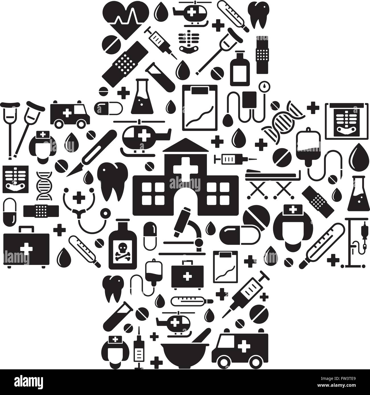 Medizin- und Gesundheitswesen Symbole in cross-Form angeordnet Stock Vektor