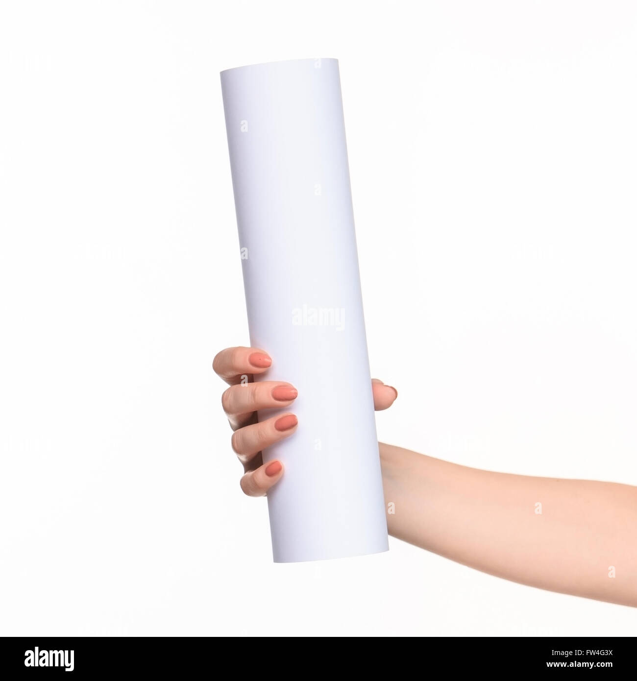 Der Zylinder weibliche Hände auf weißem Hintergrund Stockfoto