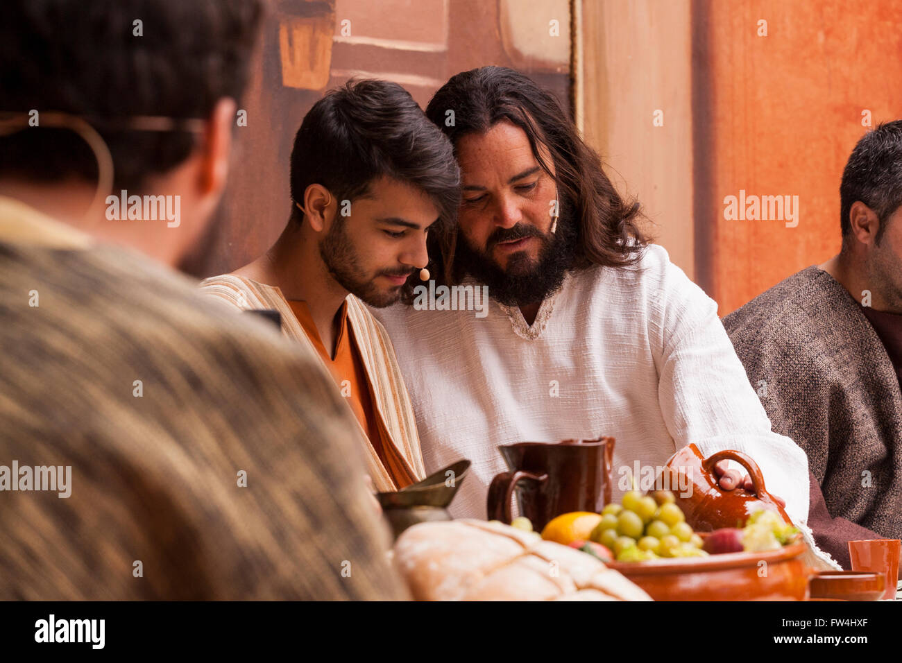 Jesus und die Apostel beim Abendmahl in der Passionsspiele, Adeje, Teneriffa, Kanarische Inseln, Spanien. Representacion De La Pasi Stockfoto