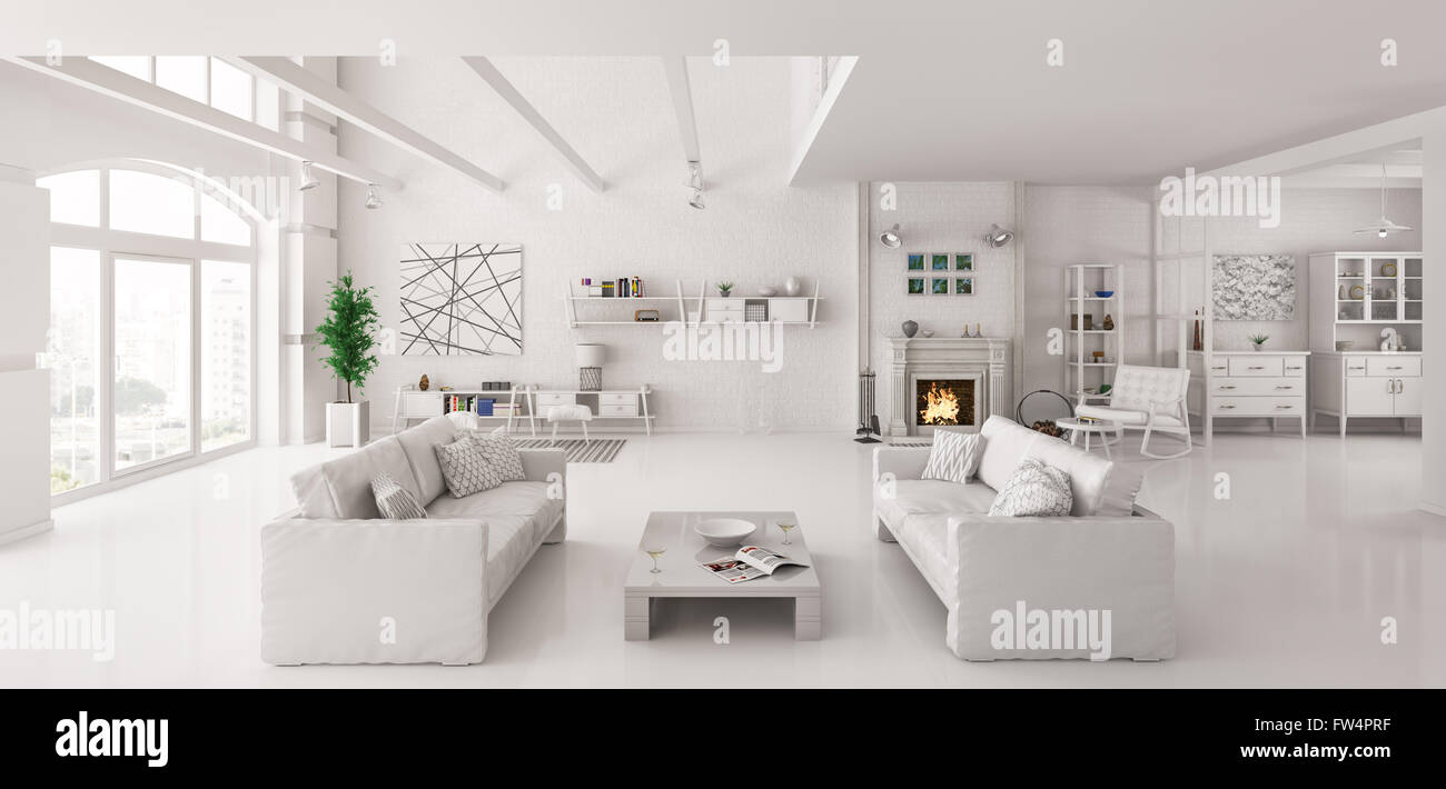 Innenraum der White Apartment mit zwei Sofas Interior 3D Render Stockfoto