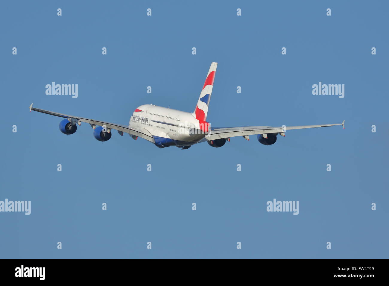 British Airways Airbus A380-800 G-XLEF ausgehend von London Heathrow, Vereinigtes Königreich Stockfoto