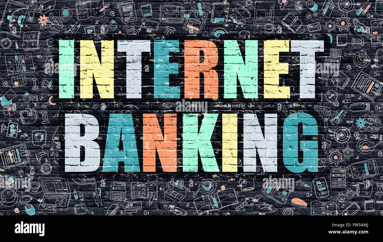 Multicolor Internet-Banking auf dunklen Brickwall. Doodle-Stil. Stockfoto