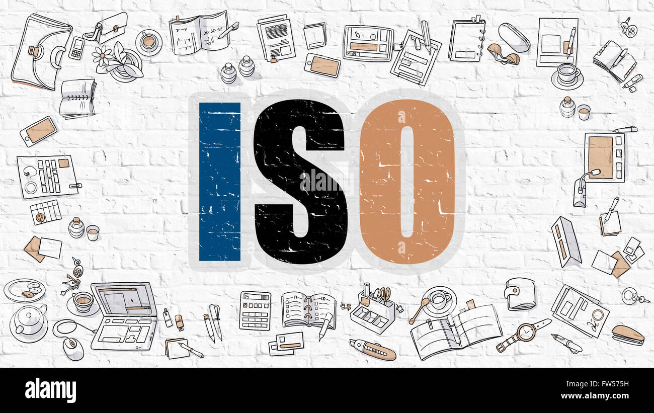 ISO-Konzept mit Doodle Design-Ikonen. Stockfoto