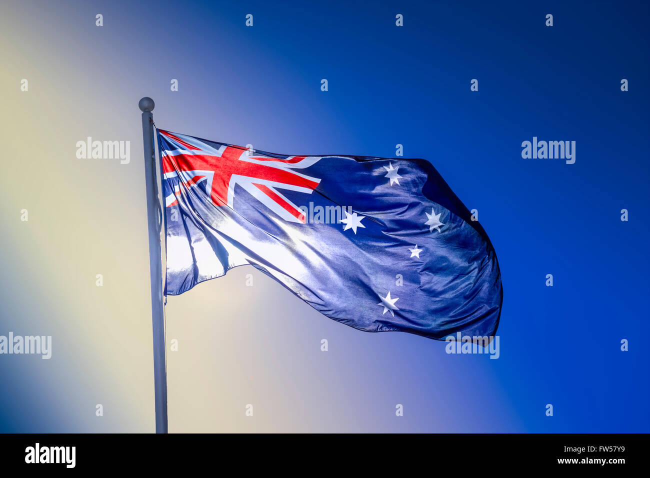 Australische nationale Fähnchen im Wind, Melbourne Australien Stockfoto