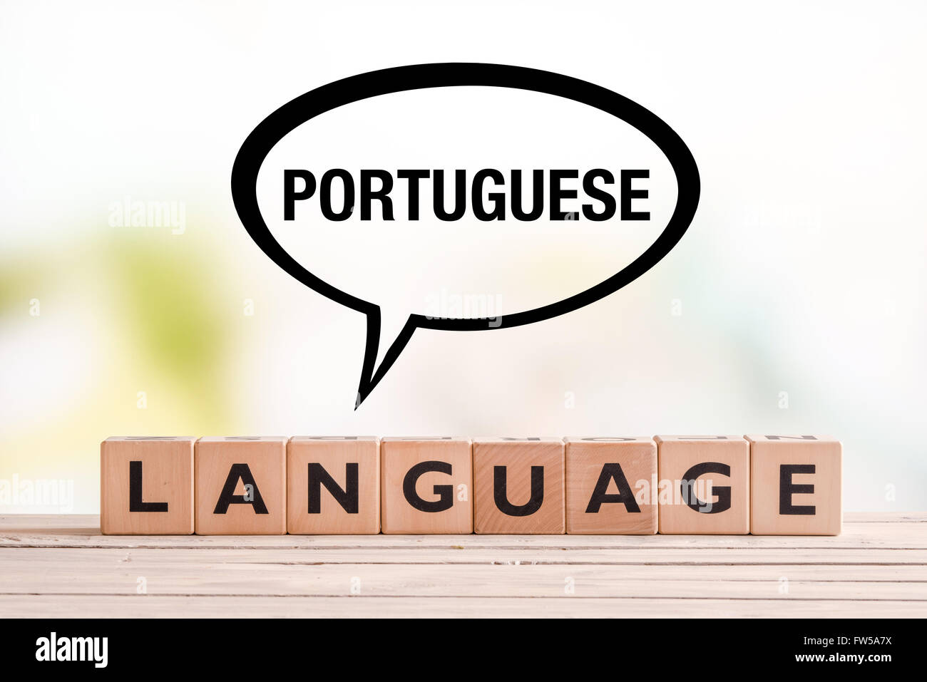 Portugiesische Sprache Lektion Zeichen der Würfel auf einem Tisch Stockfoto