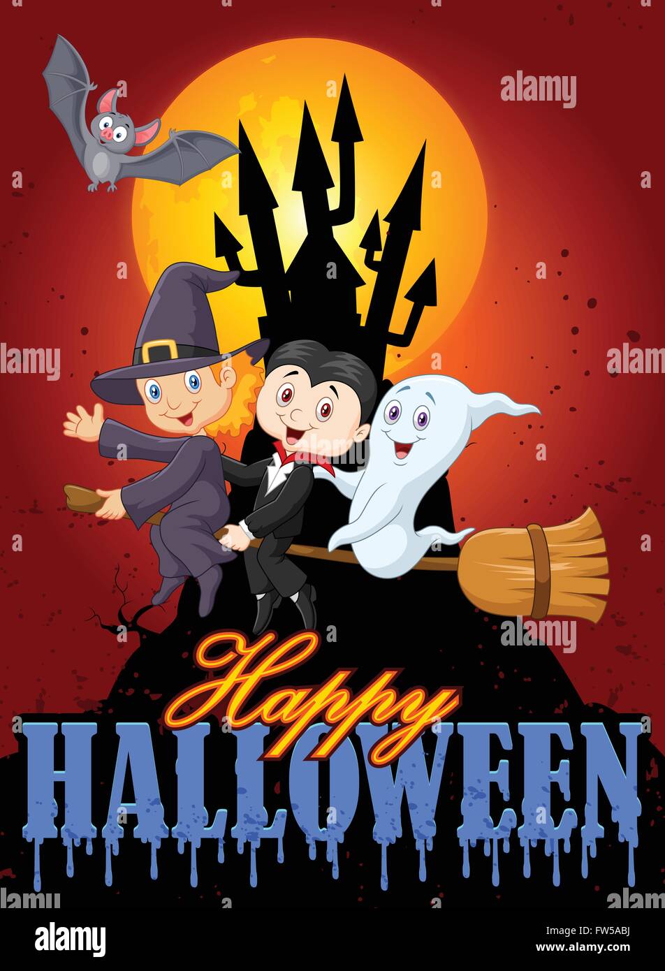 Cartoon Kinder und Ghost mit Schloss und Mond Hintergrund Stock Vektor