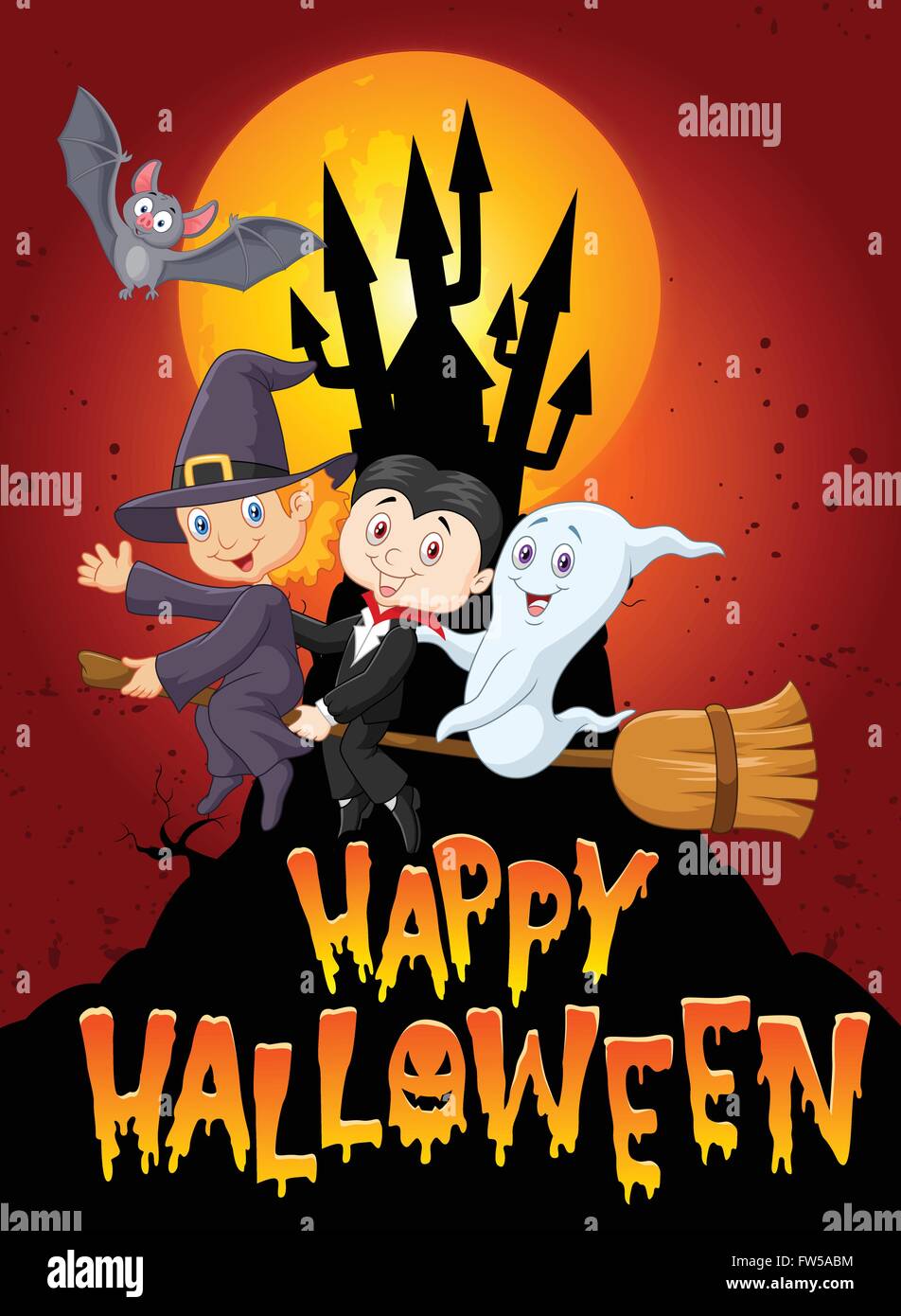 Cartoon Kinder und Ghost mit Schloss und Mond Hintergrund Stock Vektor