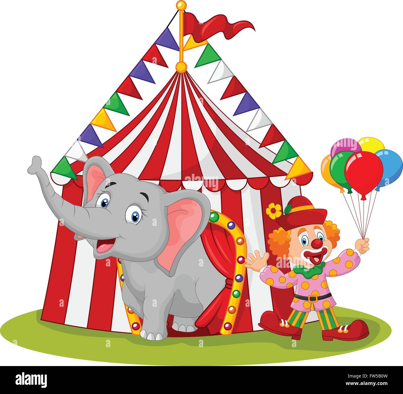 Cartoon-niedliche Elefanten und clown mit Zirkuszelt Stock Vektor