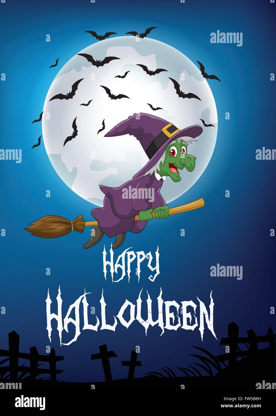 Cartoon-Hexe auf Besenstiel mit Vollmond Hintergrund fliegen Stock Vektor