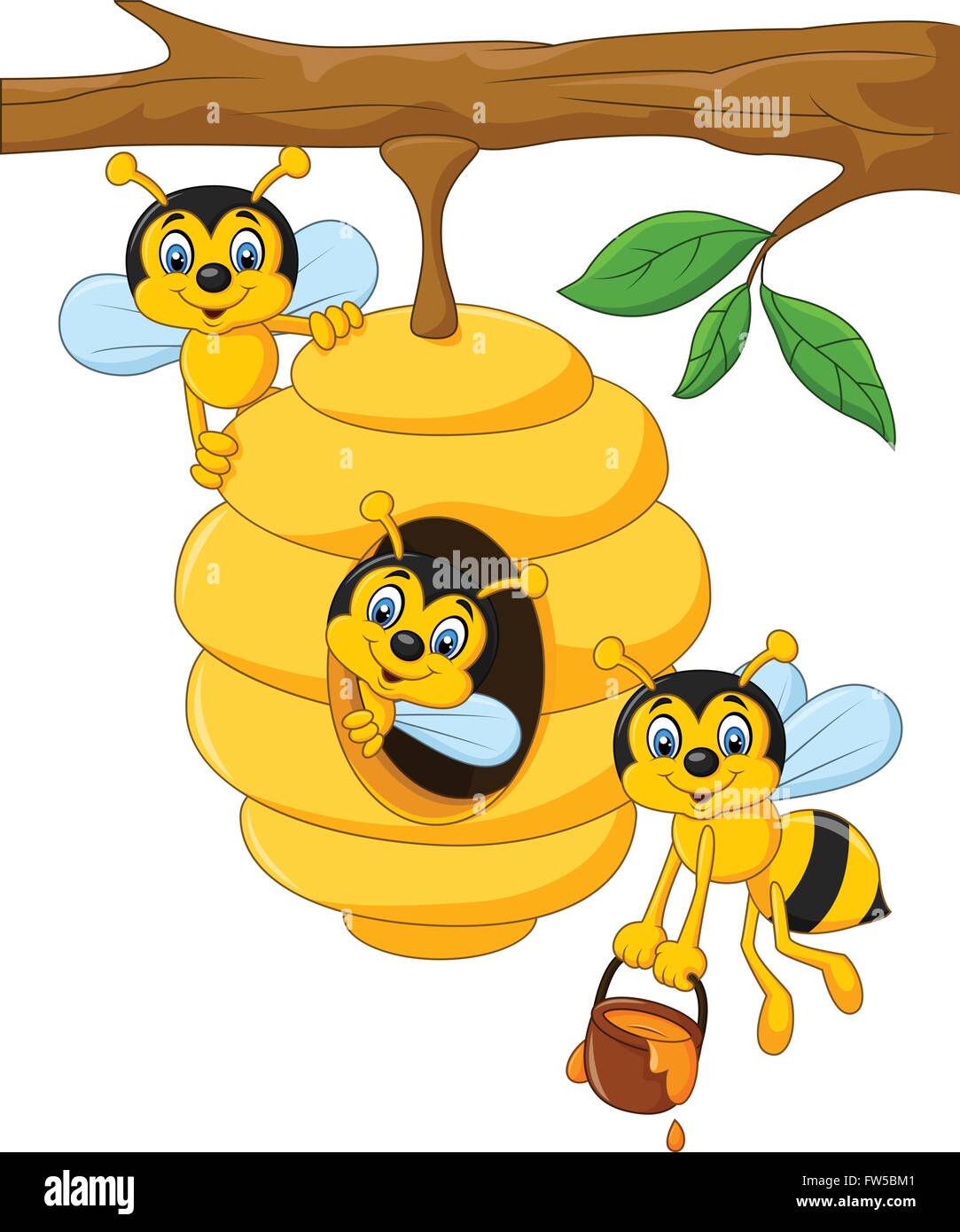 Cartoon Ast Eines Baumes Mit Einem Bienenstock Und Bienen Stock Vektorgrafik Alamy