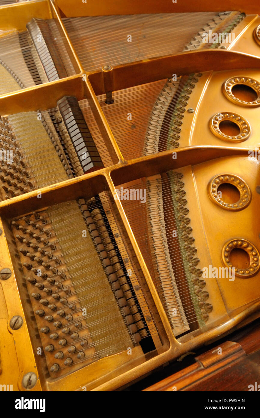 Klavier-Mechanismus - Resonanzboden, Saiten, Brücke und tuning Pins von Bechstein Modell A Grand Piano, vor 1900 Stockfoto