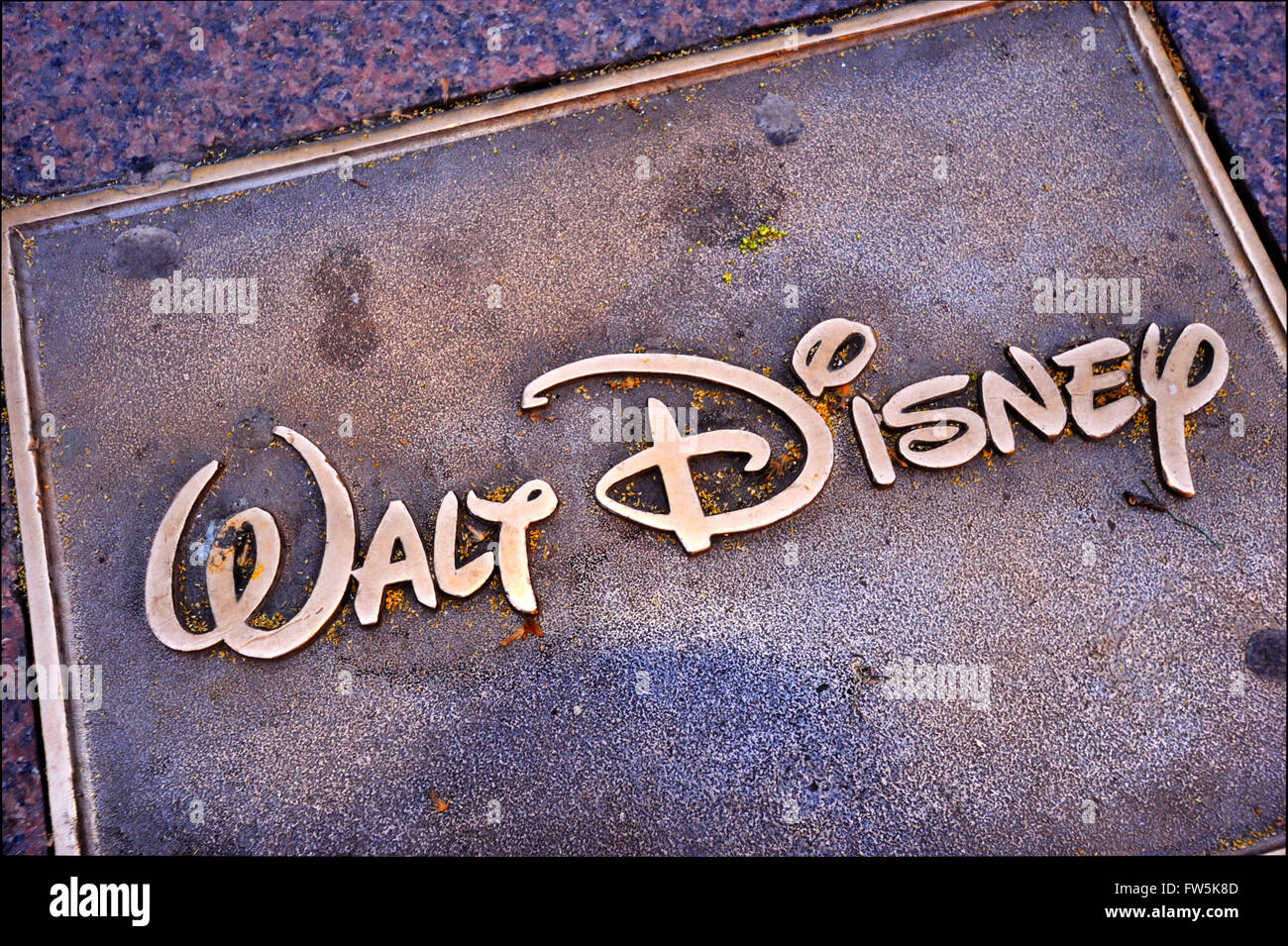 Walt Disney Bronze Plakette eingelassen das Pflaster von Leicester Square: der Name Walt Disney, Gründer des Hollywood-Studios. Stockfoto