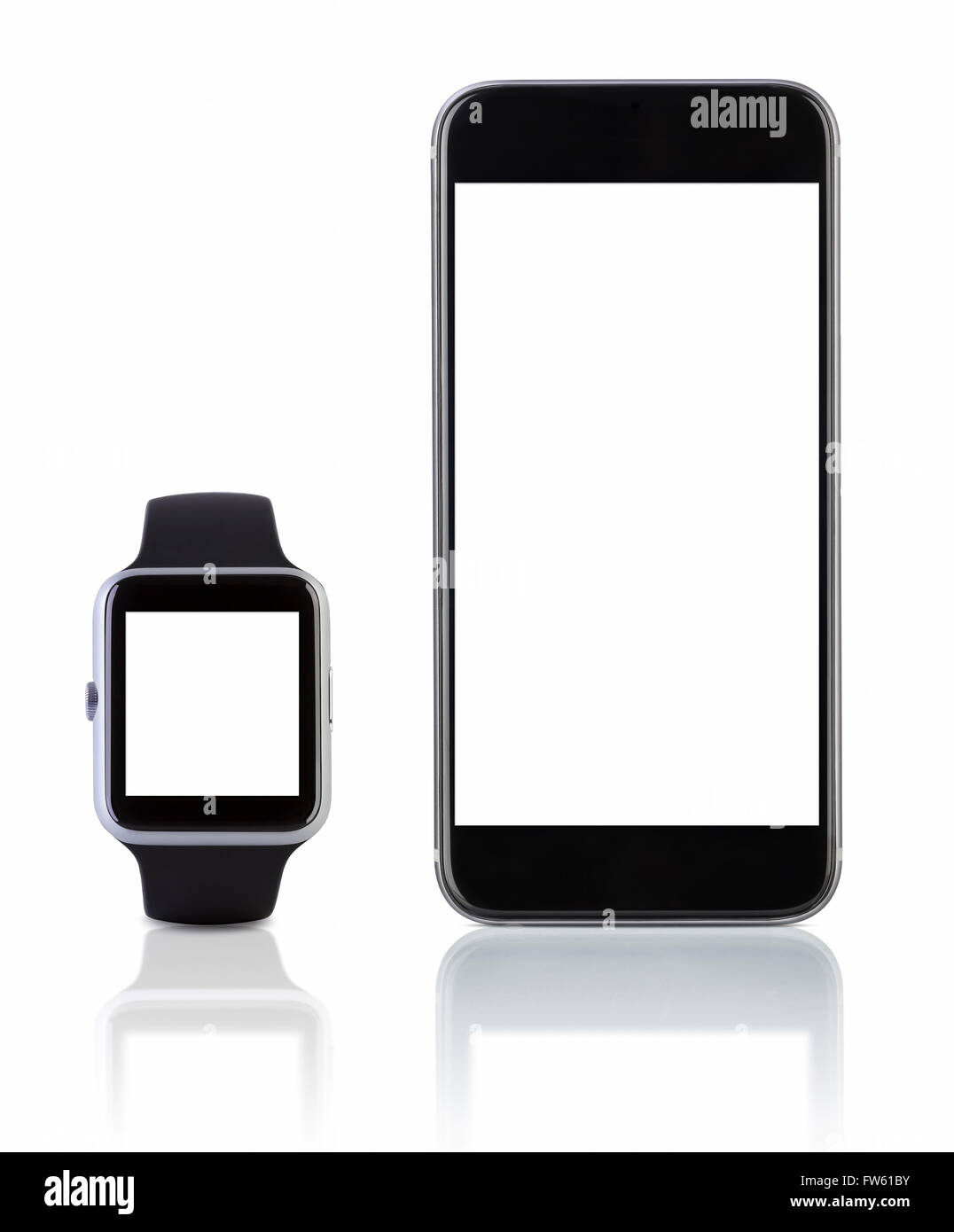 Smart Uhr Sport mit Smartphone auf weiß. Stockfoto