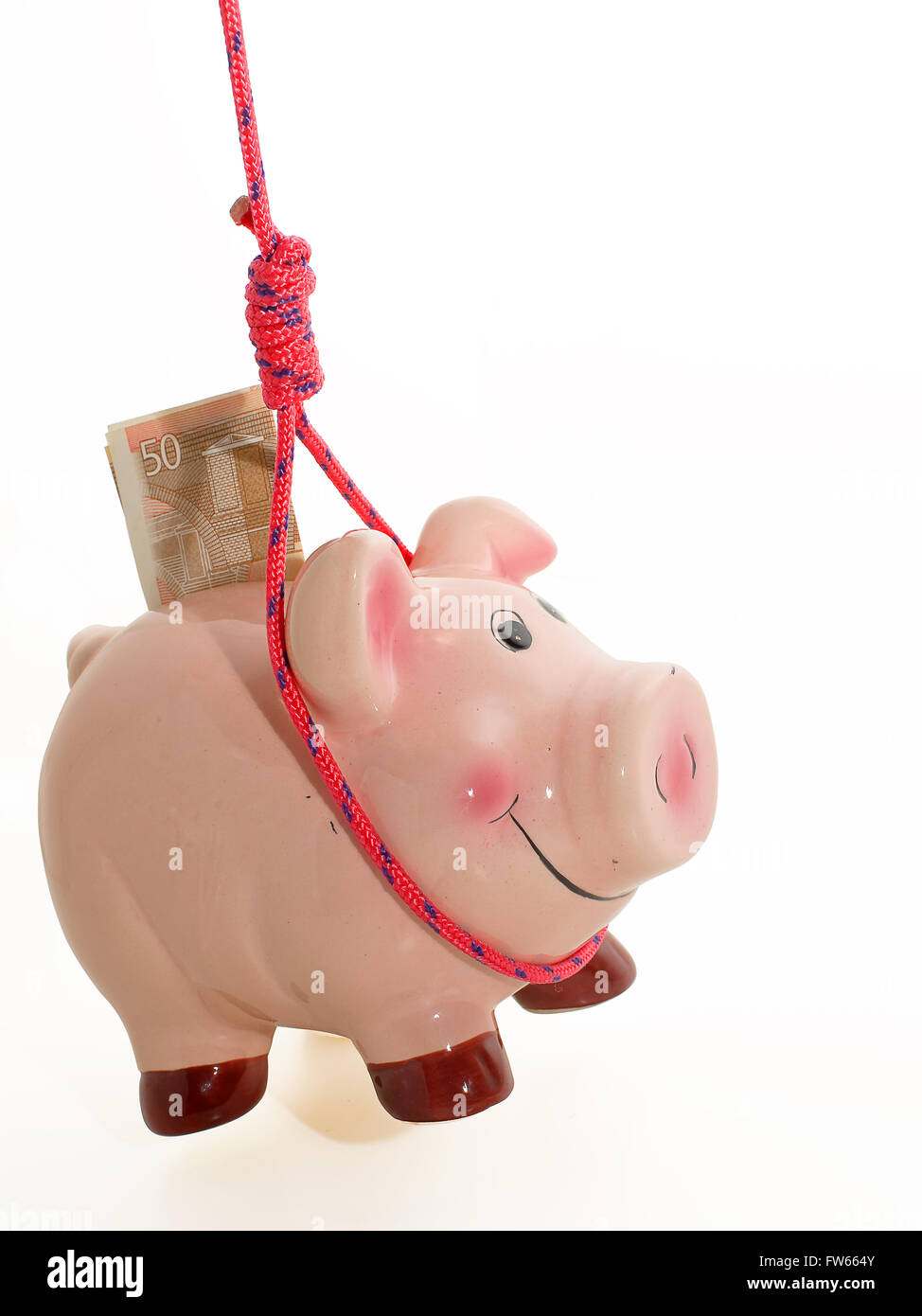 Selbstmord von Sparschwein, Metapher der Finanzkrise Stockfoto