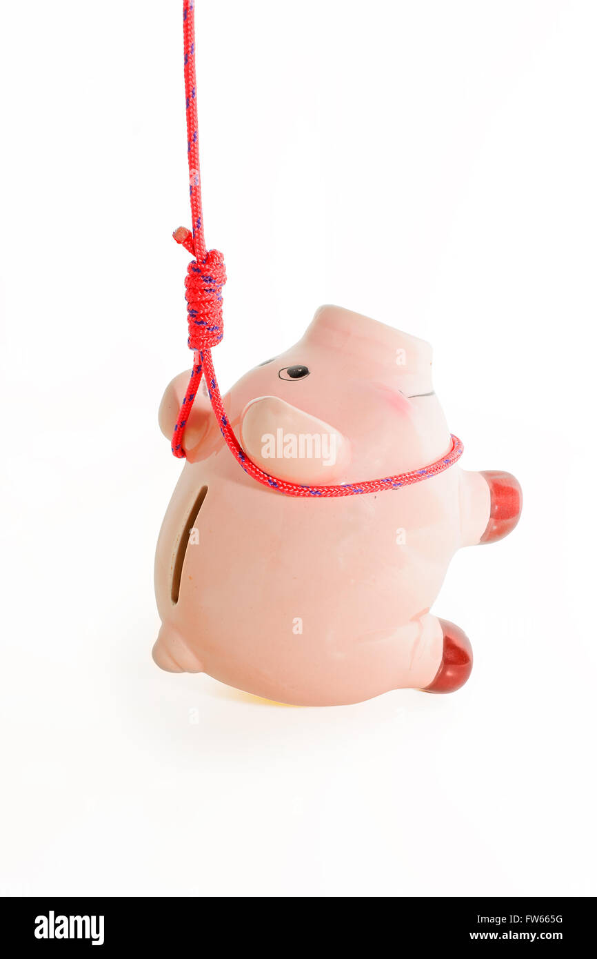 Selbstmord von Sparschwein, Metapher der Finanzkrise Stockfoto