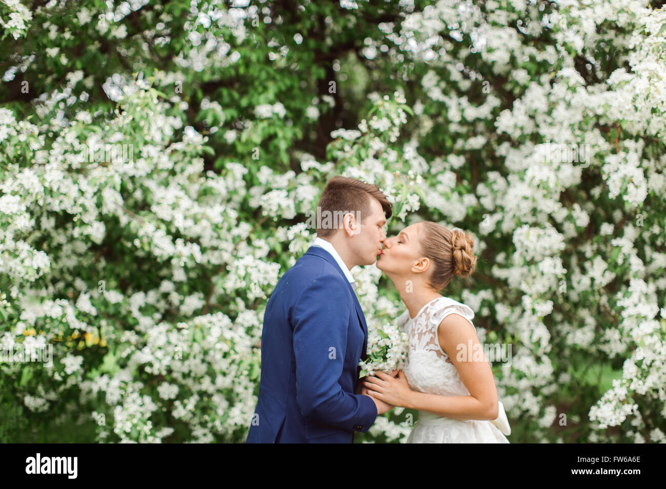 elegante stilvolle Bräutigam mit seiner glücklich wunderschöne Brünette Braut auf dem Hintergrund der Apfelbäume im park Stockfoto