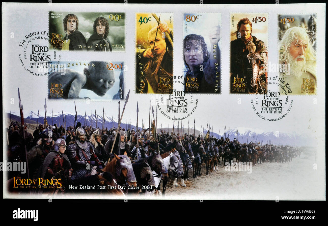 Neuseeland - CIRCA 2003: Briefmarke gedruckt in Neuseeland widmet sich der Herr der Ringe zeigt die Charaktere im Film Stockfoto