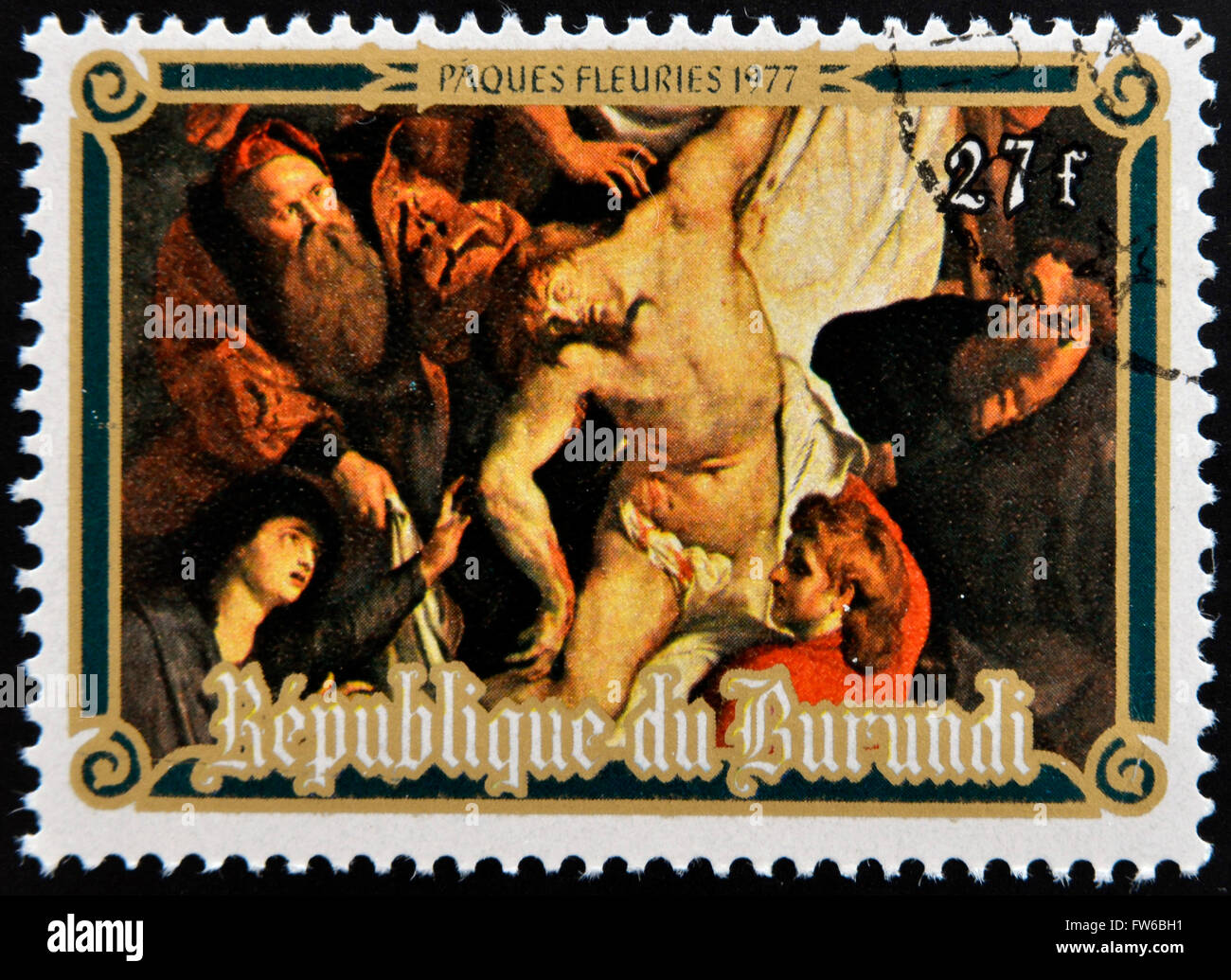 BURUNDI - CIRCA 1977: Briefmarke gedruckt in Burundi zeigt die Kreuzabnahme von Rubens, Ostern, circa 1977 Stockfoto