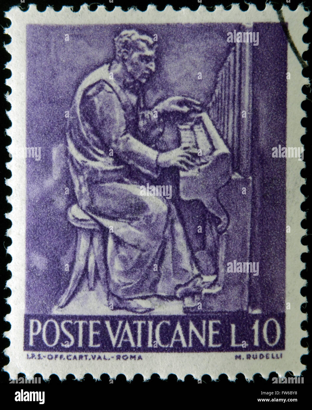Vatikan - ca. 1966: Eine Briefmarke gedruckt im Vatikan zeigt Bas-Reliefs von Kunst und Kunsthandwerk, Musiker, ca. 1966 Stockfoto