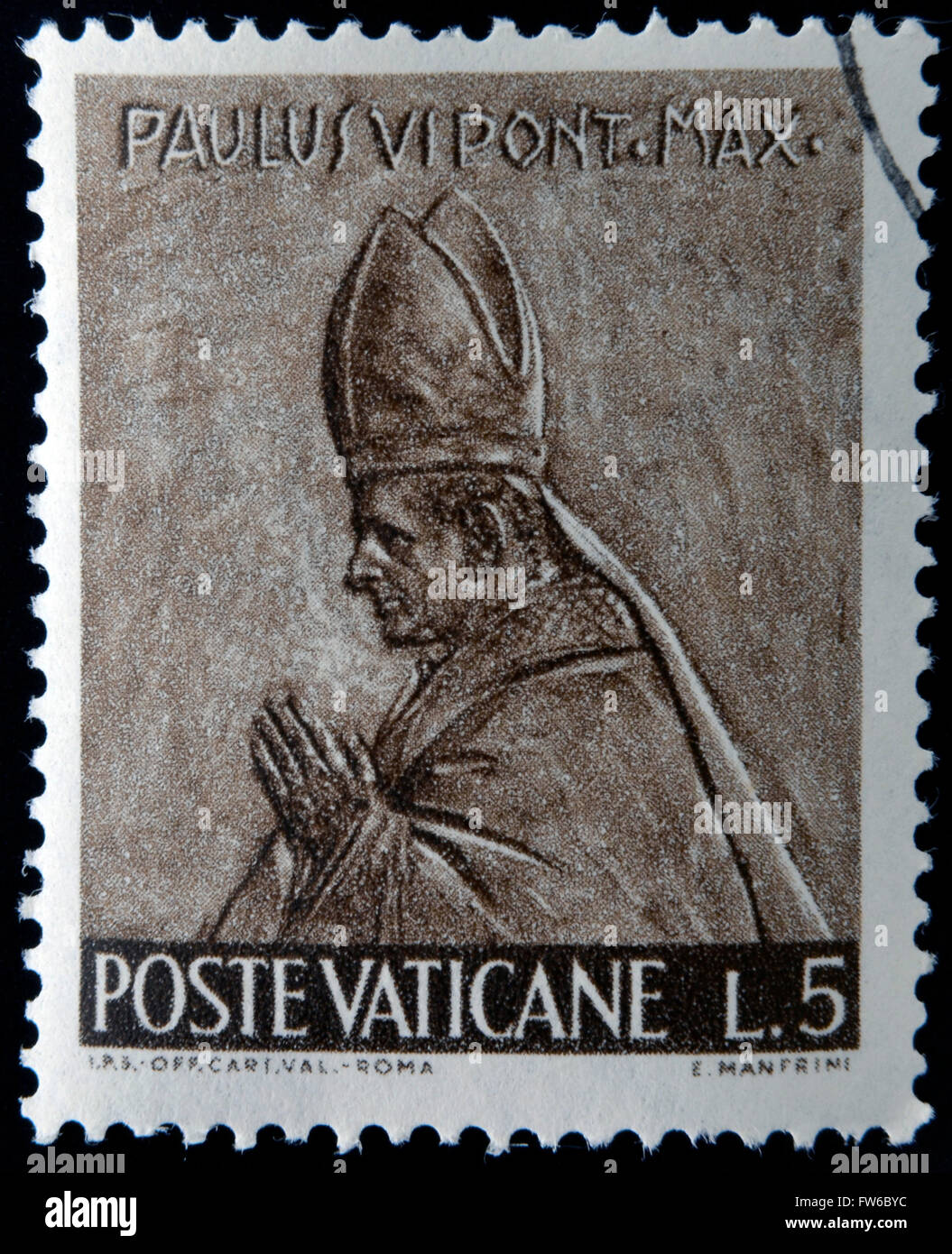 Vatikan - ca. 1966: Eine Briefmarke gedruckt im Vatikan zeigt den Papst Paul VI. Porträt von Enrico Manfrini, ca. 1966 Stockfoto