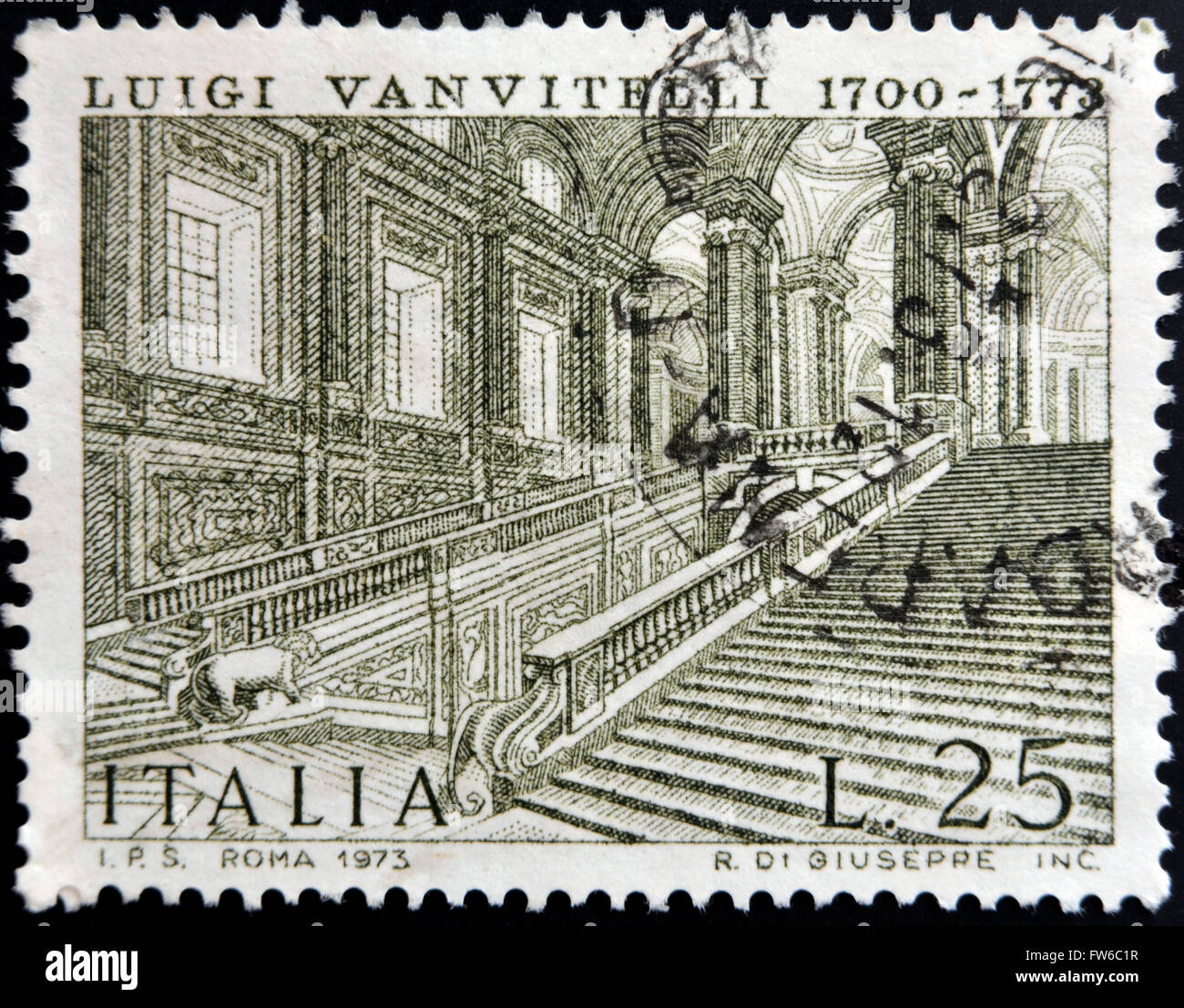 Italien - CIRCA 1973: Eine Briefmarke gedruckt in Italien zeigt Caserta Königspalast von Luigi Vanvitelli, ca. 1973 Stockfoto