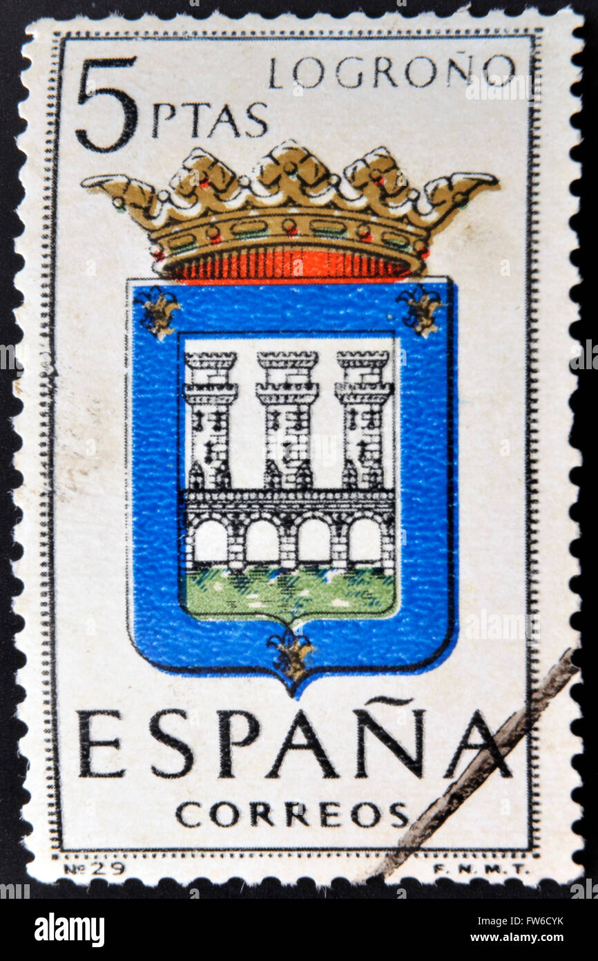 Spanien - ca. 1965: Eine Briefmarke gedruckt in Spanien Arme Provinzhauptstädte zeigt Logrono, ca. 1965 gewidmet. Stockfoto