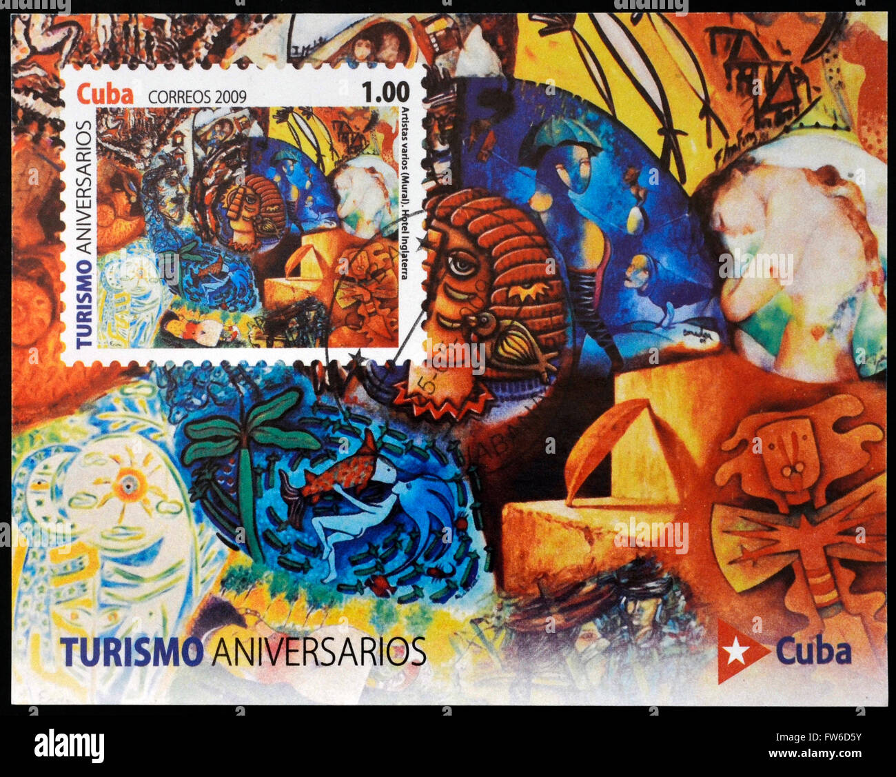 Kuba - CIRCA 2009: Eine Briefmarke gedruckt in Kuba Tourismus zeigt Wandgemälde von mehreren Künstlern im Hotel Inglaterra, ca. 20 gewidmet Stockfoto