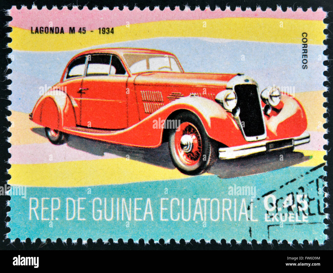 ÄQUATORIAL GUINEA - CIRCA 1974: Eine Briefmarke gedruckt in Guinea, Oldtimer, zeigt Lagonda M 45, 1934, ca. 1974 gewidmet Stockfoto