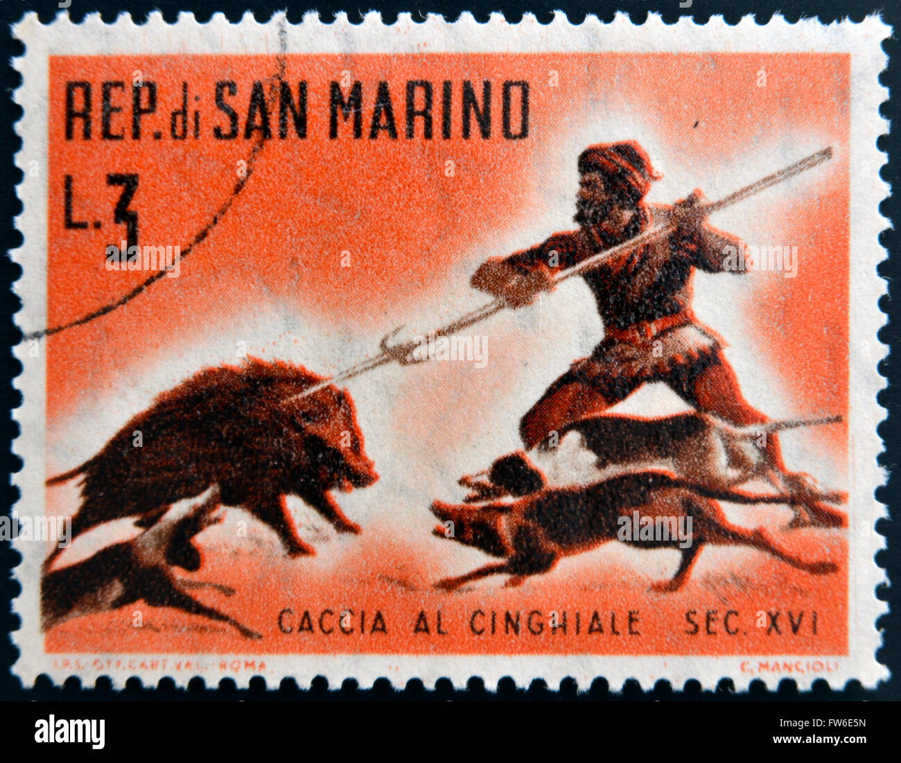 SAN MARINO - ca. 1961: Zeigt eine Briefmarke gedruckt in San Marino gewidmet Jagd, Wildschweinjagd, ca. 1961 Stockfoto