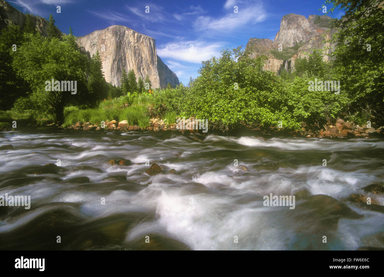 Blick auf El Capitan und Merced River, Yosemite-Nationalpark, Kalifornien, Vereinigte Staaten von Amerika Stockfoto