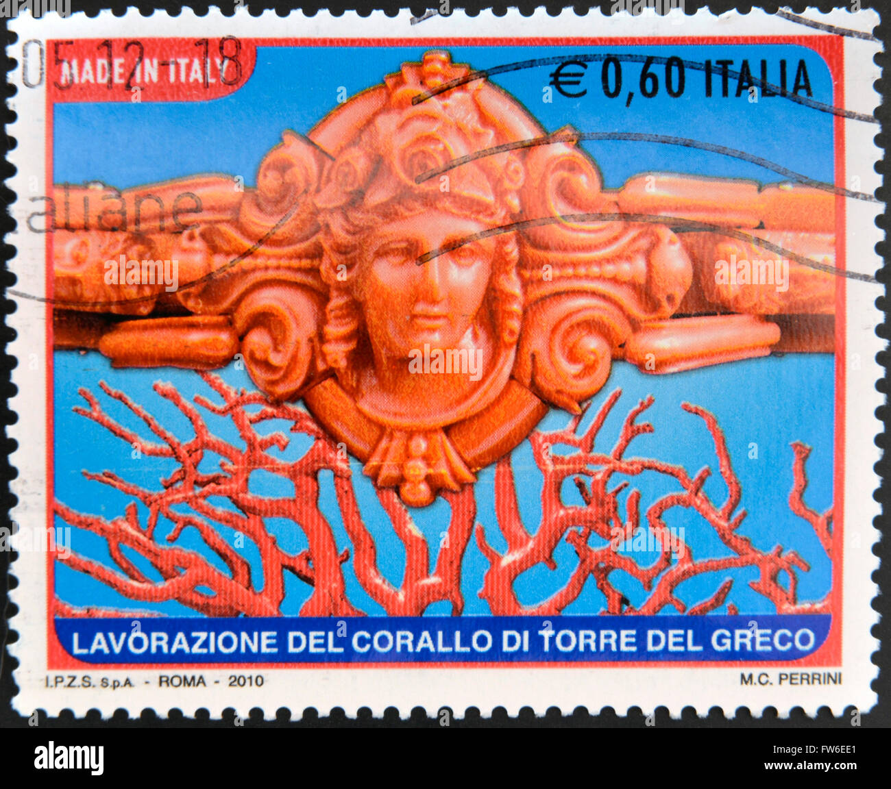 Italien - ca. 2010: Eine Briefmarke gedruckt in Italien zeigt Kunsthandwerk Coral Tower des griechischen, ca. 2010 Stockfoto