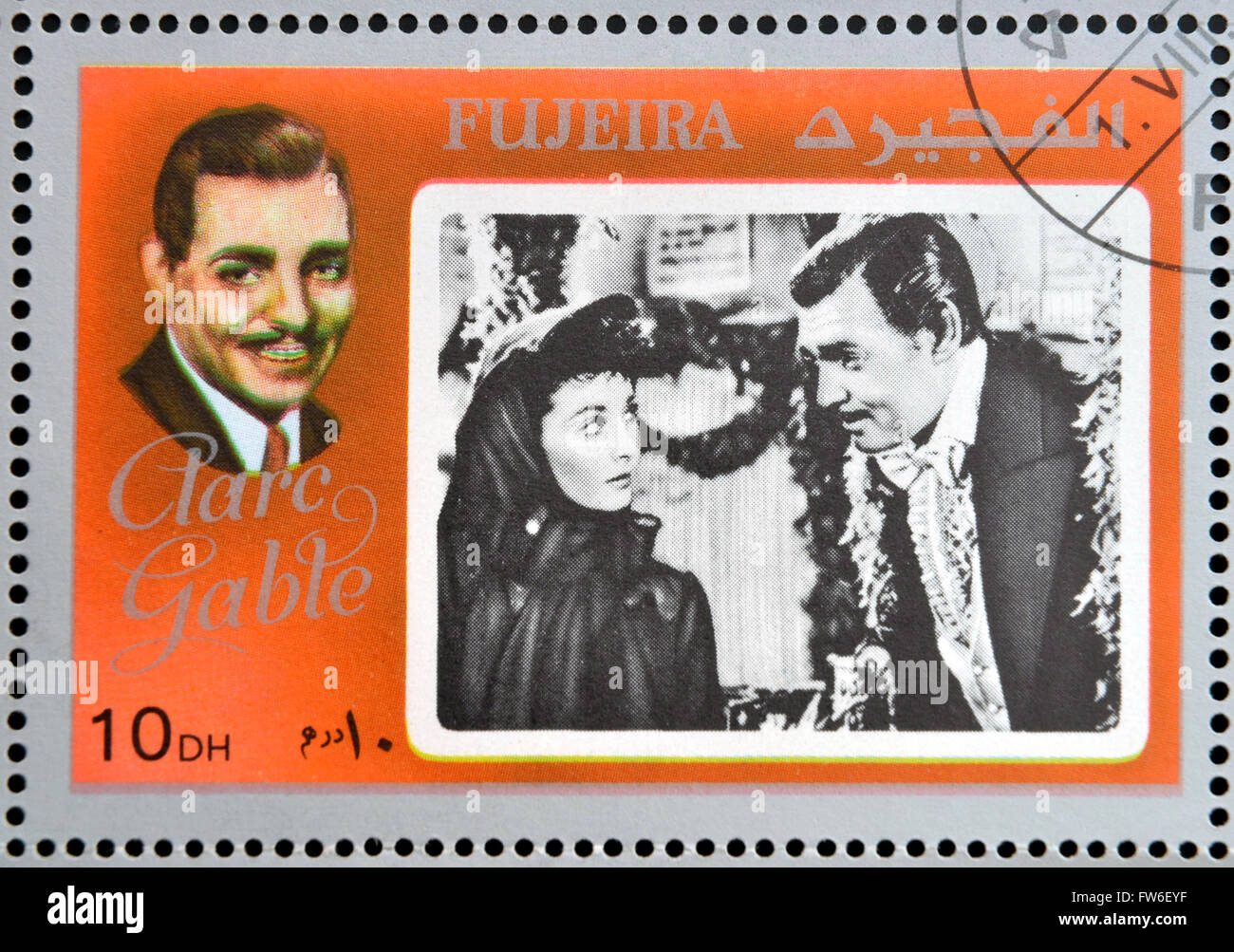 FUJEIRA - ca. 1972: Briefmarke gedruckt in Fujeira zeigt Schauspieler Clark Gable, ca. 1972 Stockfoto