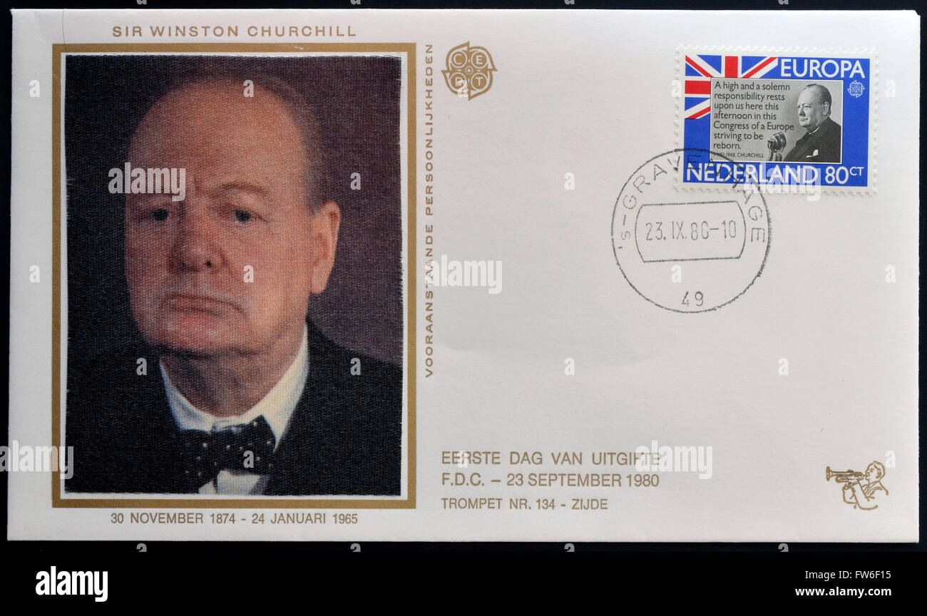 HOLLAND - CIRCA 1980: Eine Briefmarke gedruckt in Holland zeigt Sir Winston Churchill, ca. 1980 Stockfoto