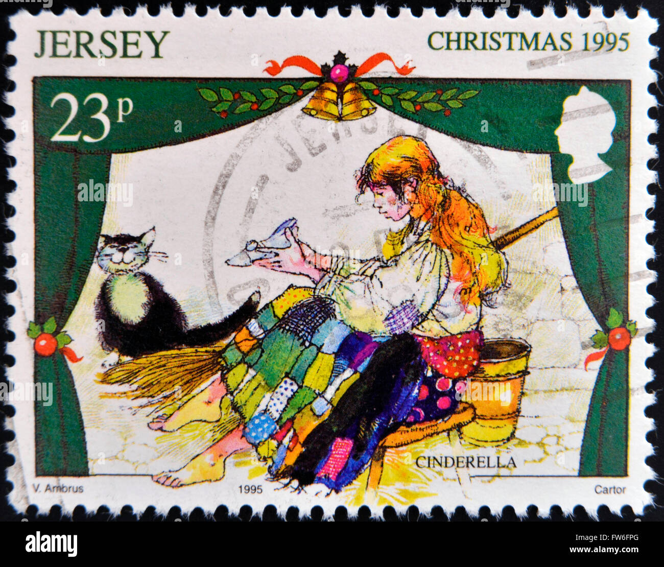 JERSEY - ca. 1995: Eine Briefmarke gedruckt in Jersey zeigt Szene aus dem Märchen Cinderella, ca. 1965 Stockfoto