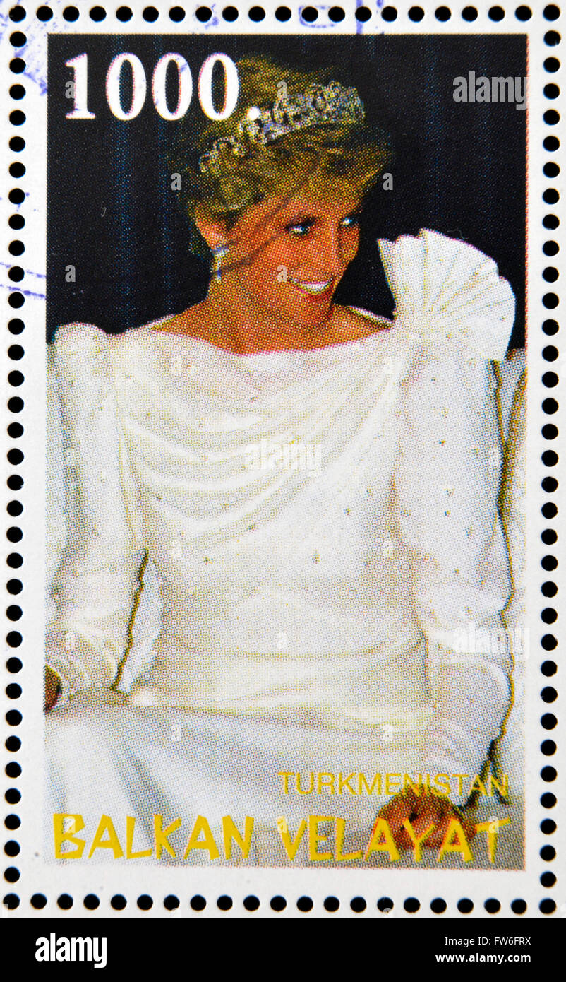 TURKMENISTAN - CIRCA 1997: Briefmarke gedruckt in Turkmenistan zeigt Diana Princess of Wales, Lady Di, ca. 1997 Stockfoto