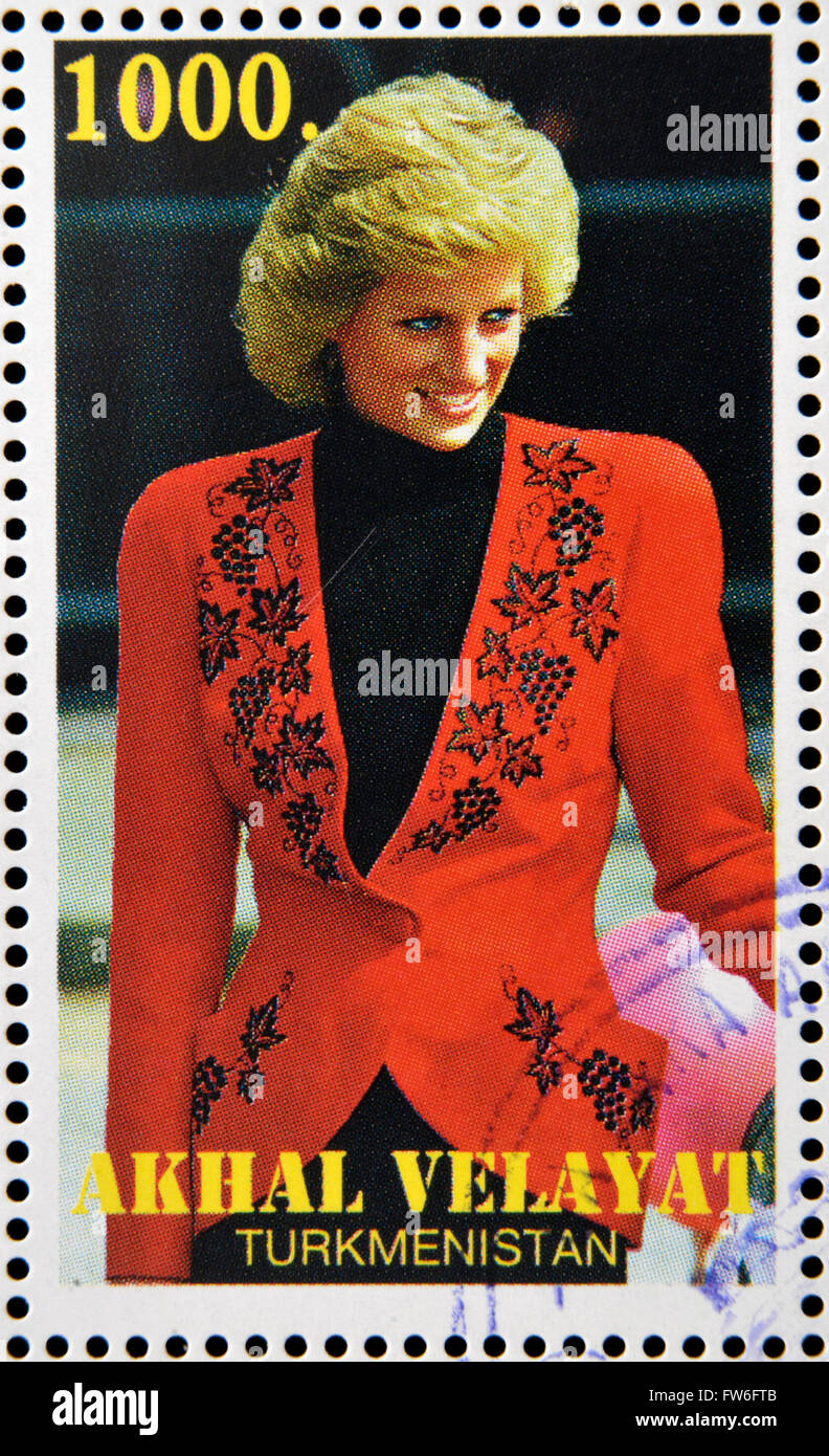 TURKMENISTAN - CIRCA 1997: Briefmarke gedruckt in Turkmenistan zeigt Diana Princess of Wales, Lady Di, ca. 1997 Stockfoto