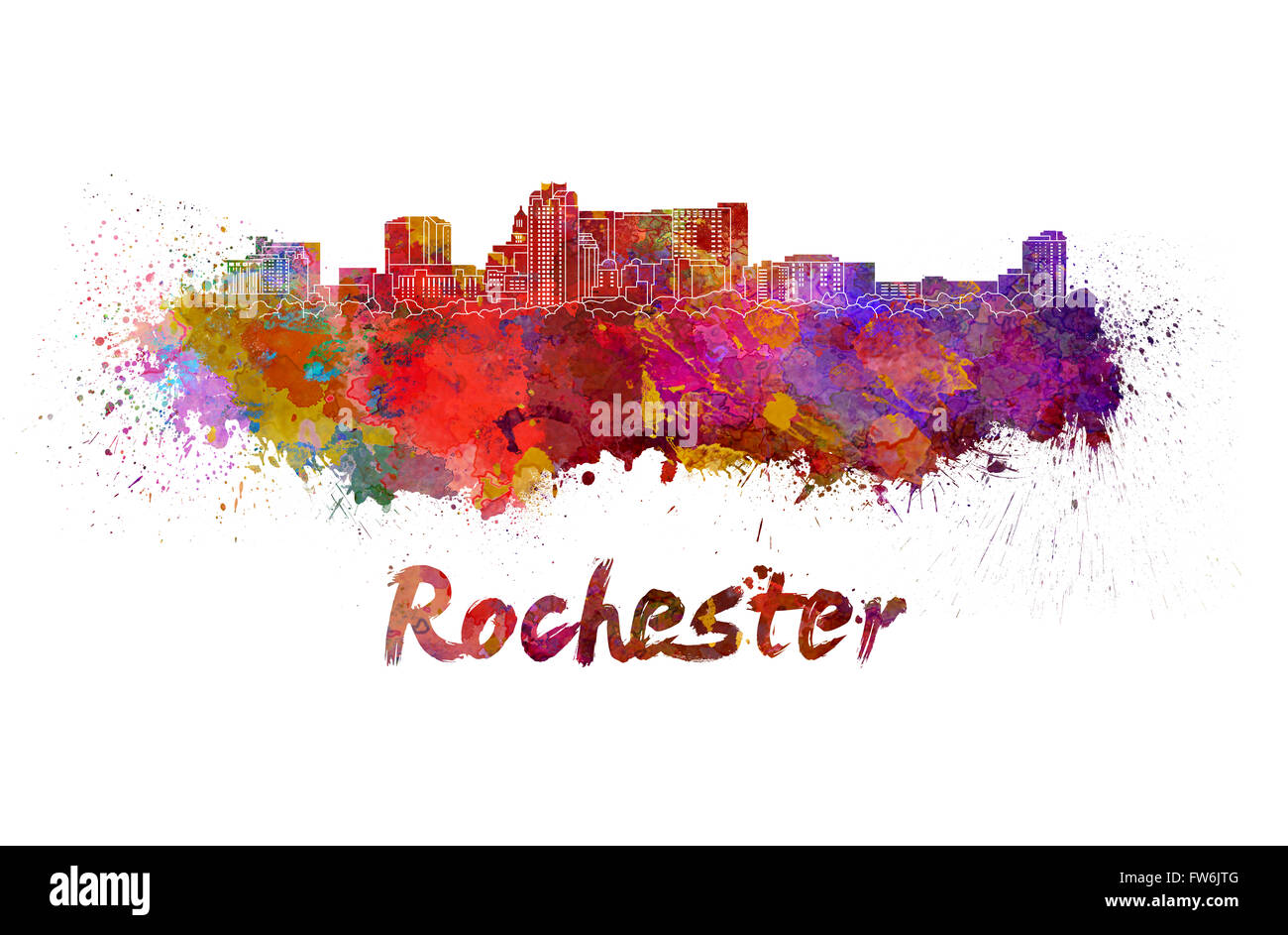 Rochester, MN Skyline in Aquarell Spritzer mit Beschneidungspfad Stockfoto