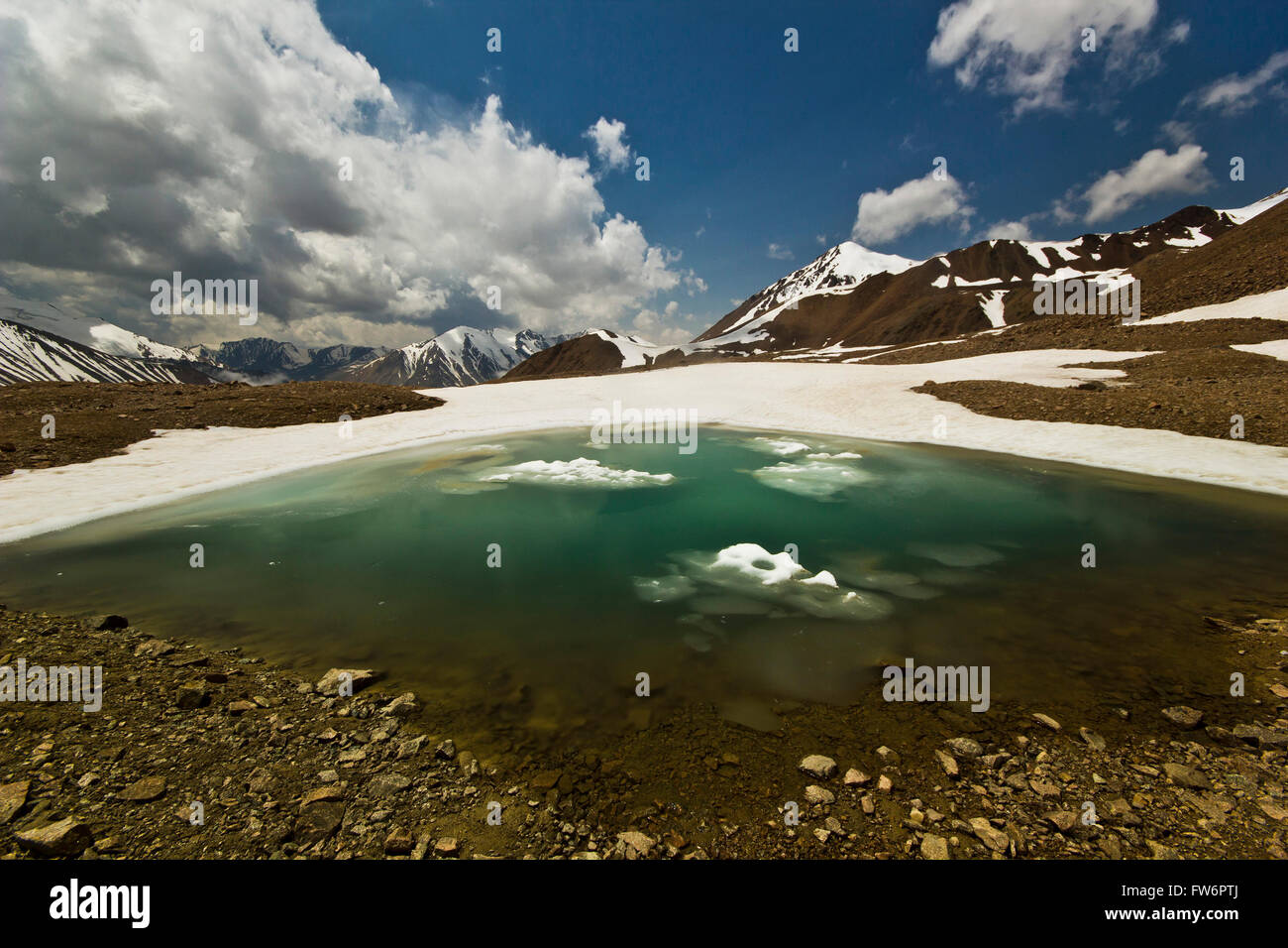 blauen Bergsee, umgeben von hohen schneebedeckten Gipfeln spiegelt Felsen Stockfoto