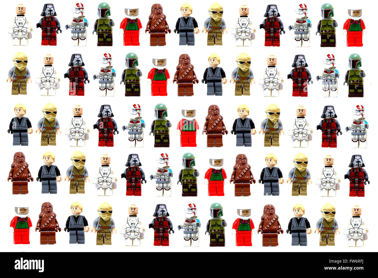 Ein Raster aus verschiedenen Lego Star Wars Figuren vor einem weißen Hintergrund fotografiert