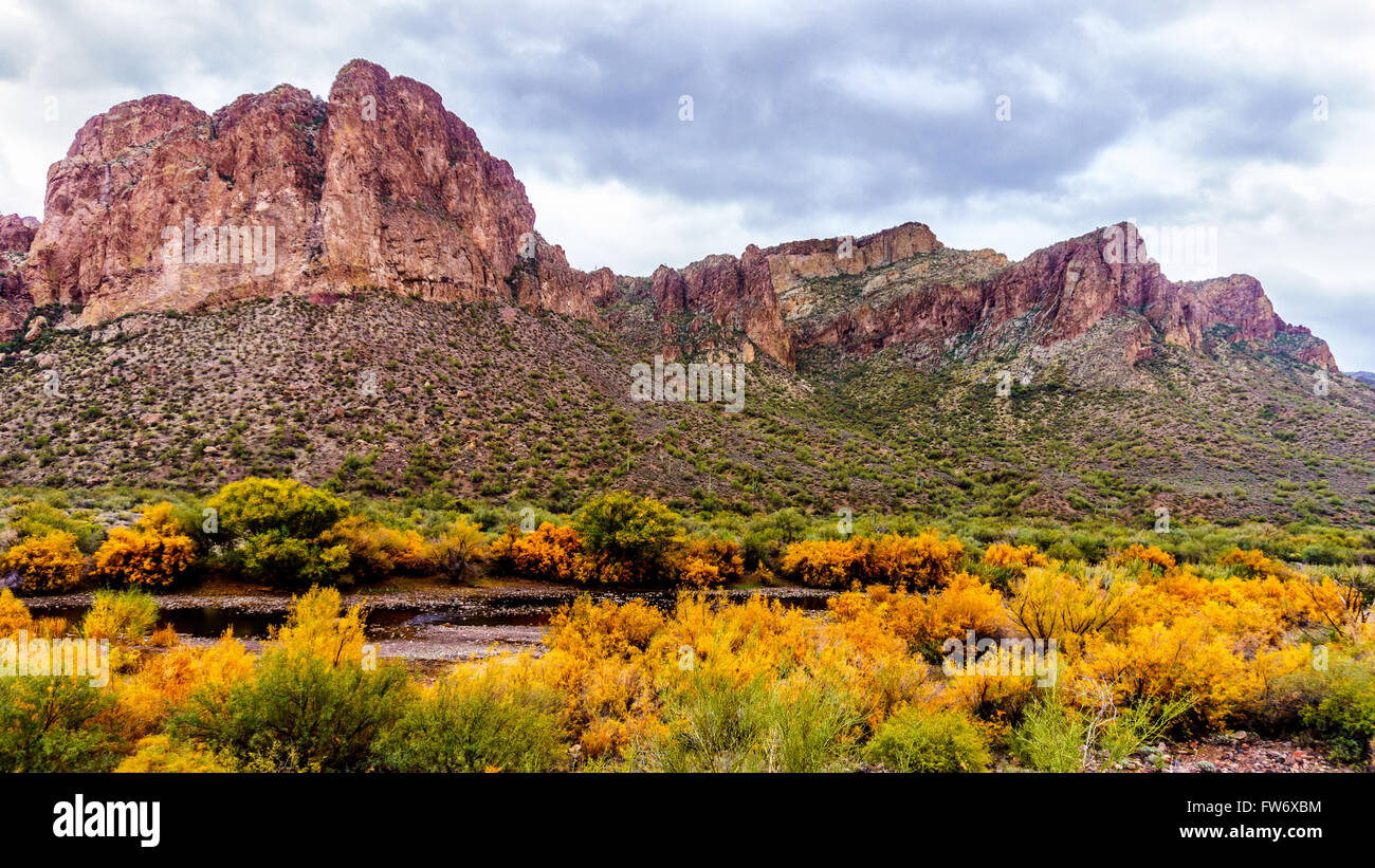 Die zerklüfteten Berge und umliegenden Pinsel in entlang der Salt River in der Halbwüste von Arizona in den Vereinigten Staaten von Amerika Stockfoto