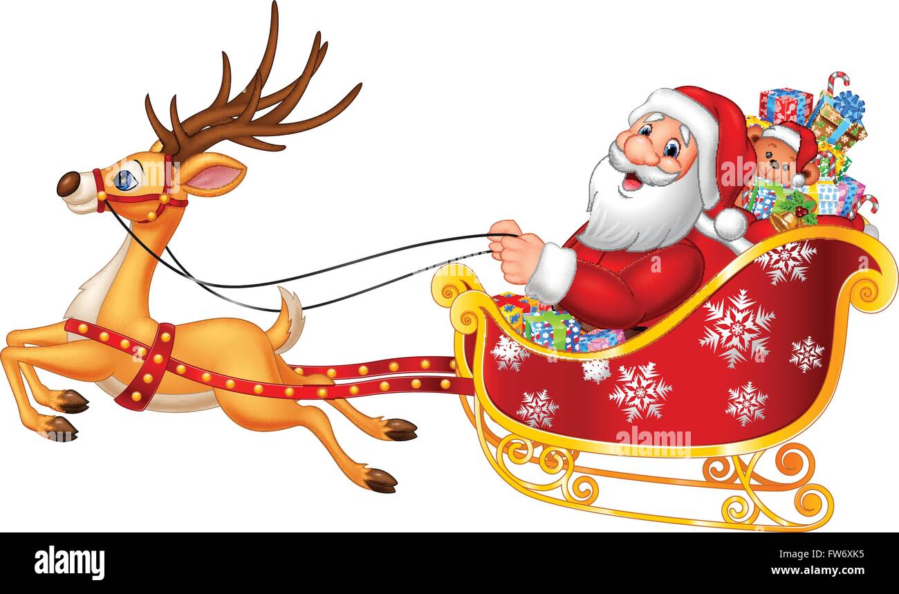 Cartoon witzig Santa in seiner Weihnachts-Schlitten von Rentieren gezogen wird Stock Vektor