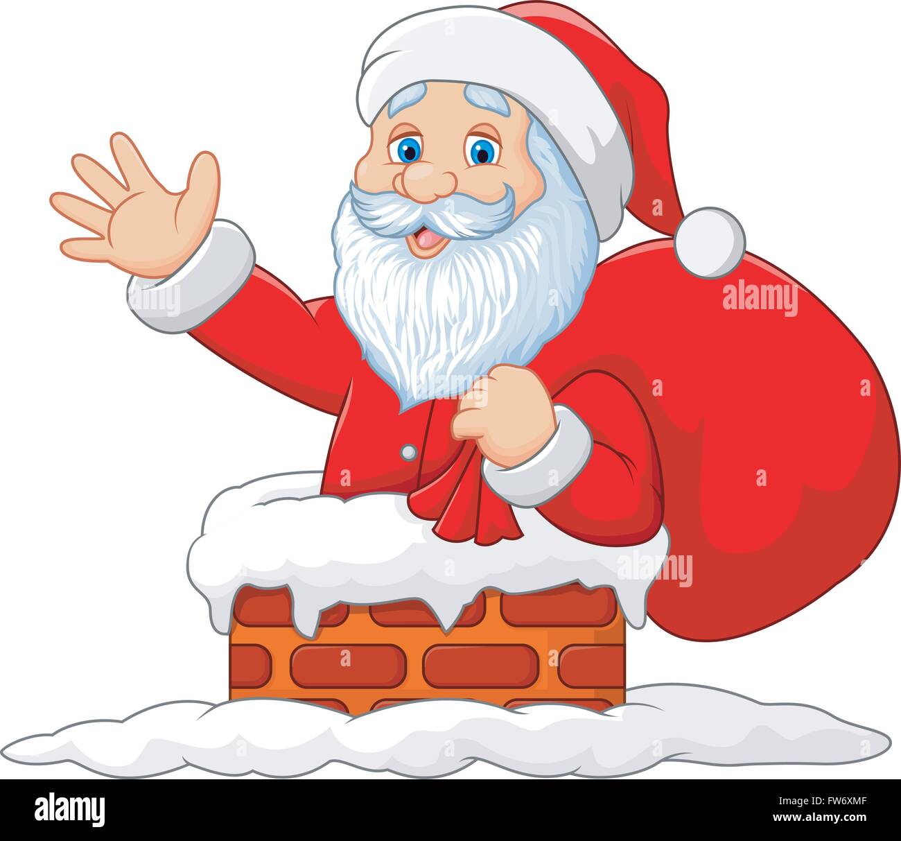 Glücklich Weihnachtsmann mit Sack in den Schornstein Stock Vektor
