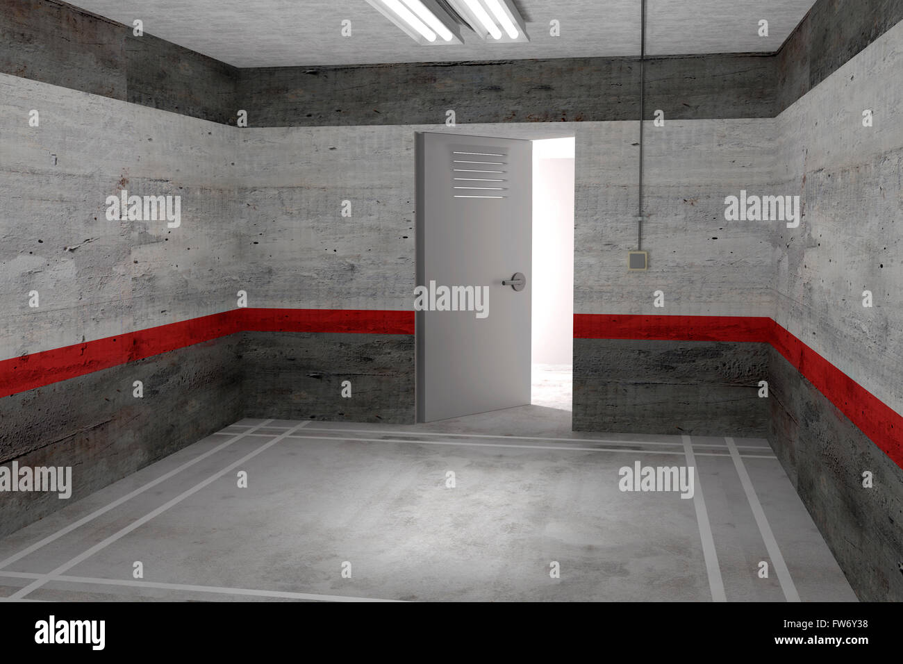 3D-Rendering eines unmöbliert leeren grauen Raum mit offener Tür und eingeschalteten Lampe an Decke Stockfoto