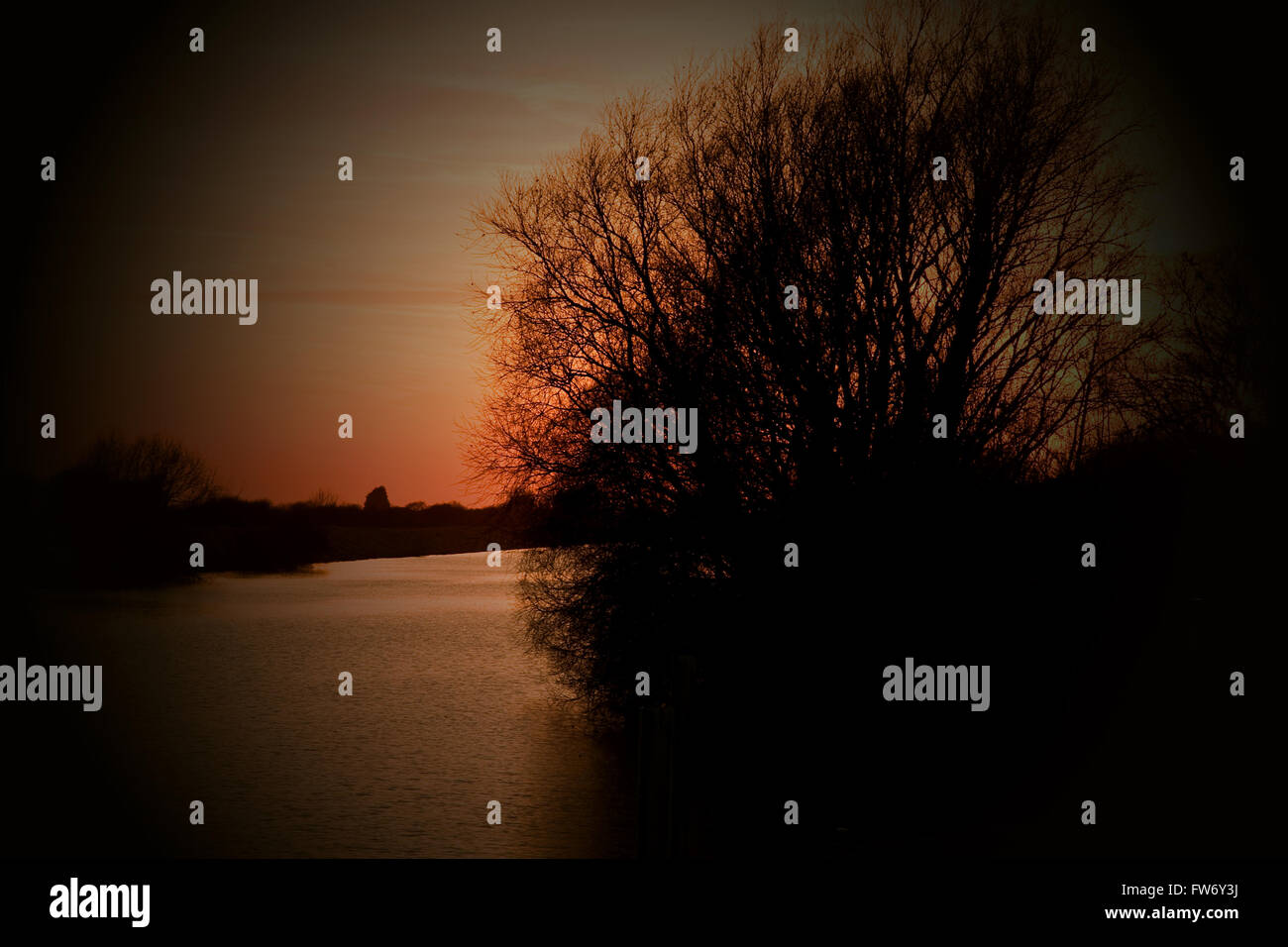 Sonnenuntergang, Fluss Witham, Lincolnshire Fens Stockfoto